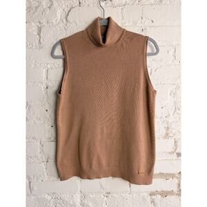 Anne Klein Sleeveless Turtleneck Knit Top Tan Minimalist Soft Girl Large